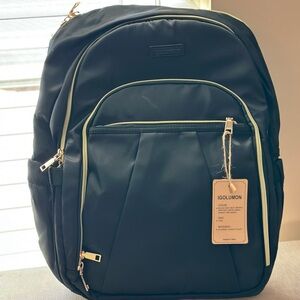 Black laptop backpack NWT gold, zippers, multitude of pockets